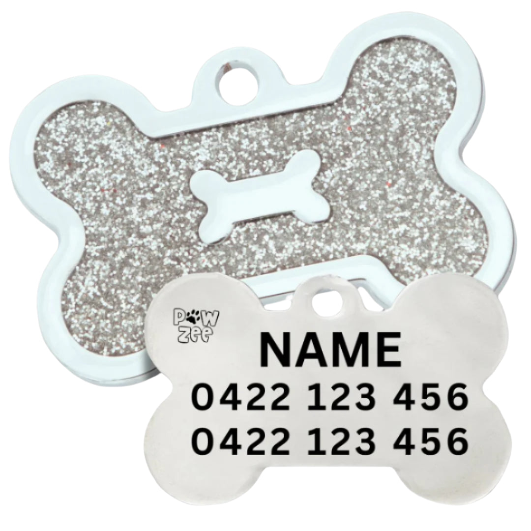 Dog Tag Designer Glitter Bone SILVER Pet ID Tags Australia