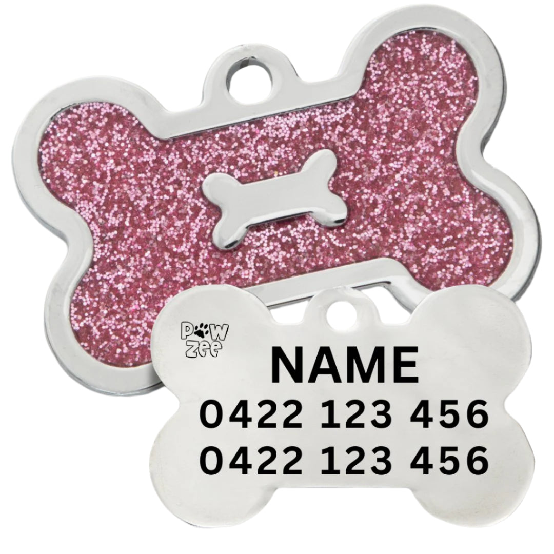 Dog Tag Designer Glitter Bone PINK Pet ID Tags Australia